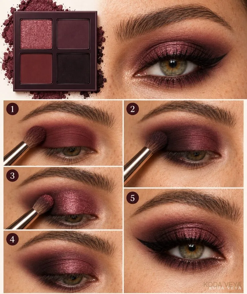 Burgundy eye makeup in five steps, from a matte wine base to a shimmering lid and winged liner, beside a four-shade burgundy eyeshadow palette