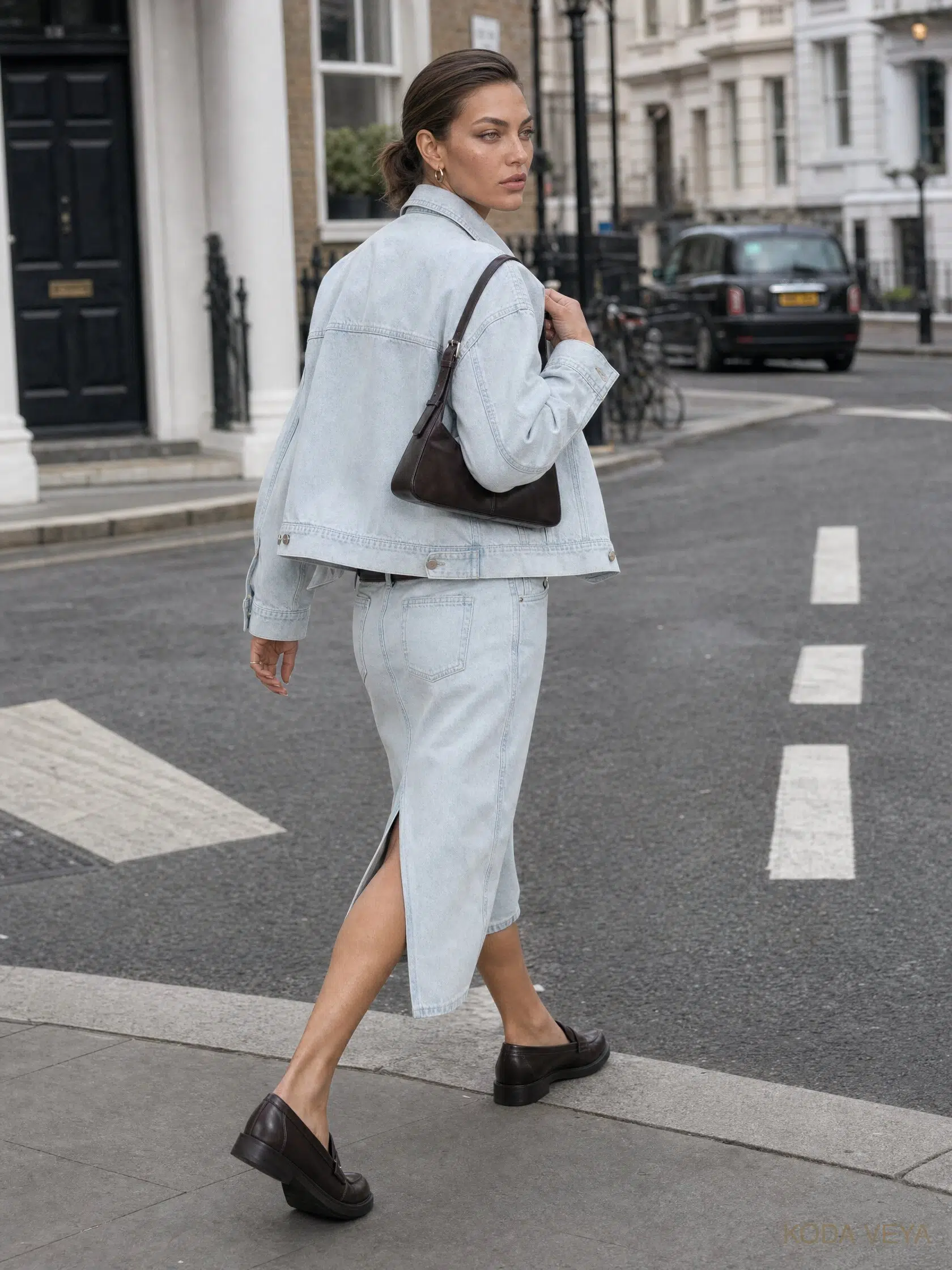 Colour Code 006, Ice Blue × Espresso, Look 03 Off-Duty: Koda crossing a London street in a pale ice-blue denim jacket and split denim midi skirt with espresso loafers and an espresso shoulder bag