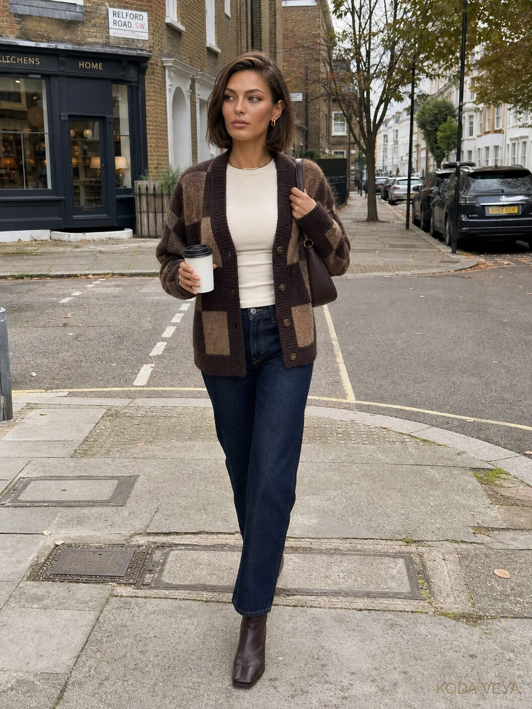 Brown checked cardigan with jeans: Koda in a chocolate-and-tan checked cardigan, dark straight-leg jeans and leather ankle boots