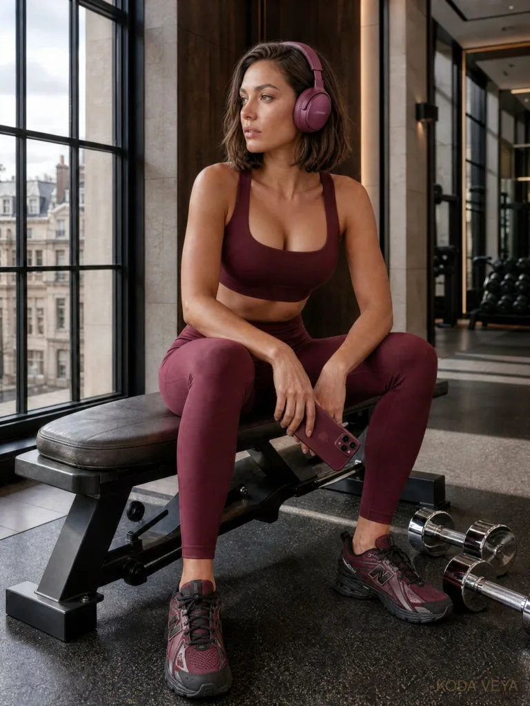 Koda Veya sitting on a gym bench by a window in a burgundy sports bra, leggings and trainers, wearing berry over-ear headphones and holding a matching phone