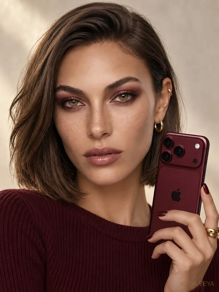 Koda Veya with burgundy eye makeup, a neutral lip and a burgundy ribbed knit