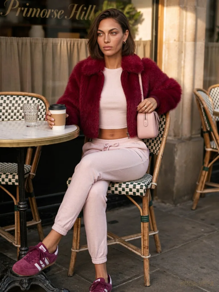 Koda Veya outside a London café in a cropped burgundy faux-fur jacket, pale pink joggers, burgundy suede trainers and a pale pink shoulder bag