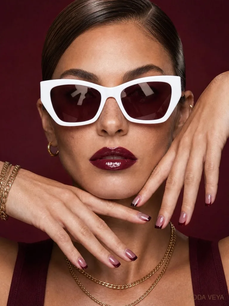 Koda Veya in white sunglasses with burgundy French tip nails on a mauve base and a glossy wine lip
