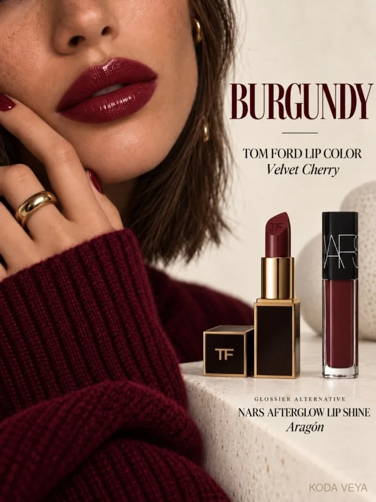 Burgundy lipstick close-up beside Tom Ford Lip Color in Velvet Cherry and NARS Afterglow Lip Shine in Aragón