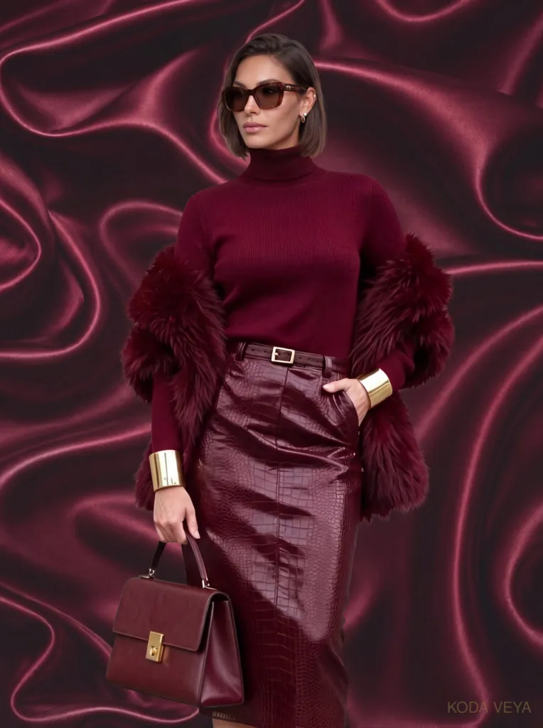 Koda Veya in a burgundy roll-neck, croc-effect leather pencil skirt, faux fur stole and gold cuffs