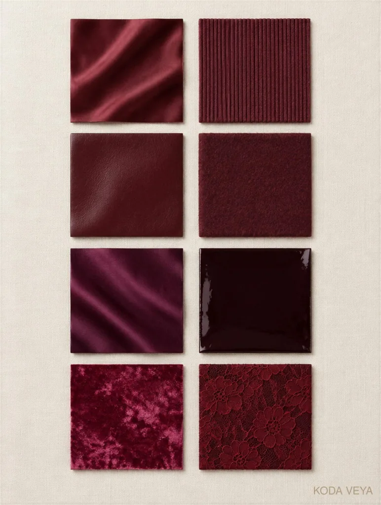 Eight square fabric swatches in different shades of burgundy: wine satin, merlot knit, oxblood leather, bordeaux wool, plum silk, black cherry patent, berry velvet and cherry-burgundy lace