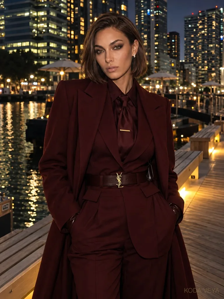 Koda Veya in a burgundy suit, tie-neck shirt and long coat on a waterfront at night