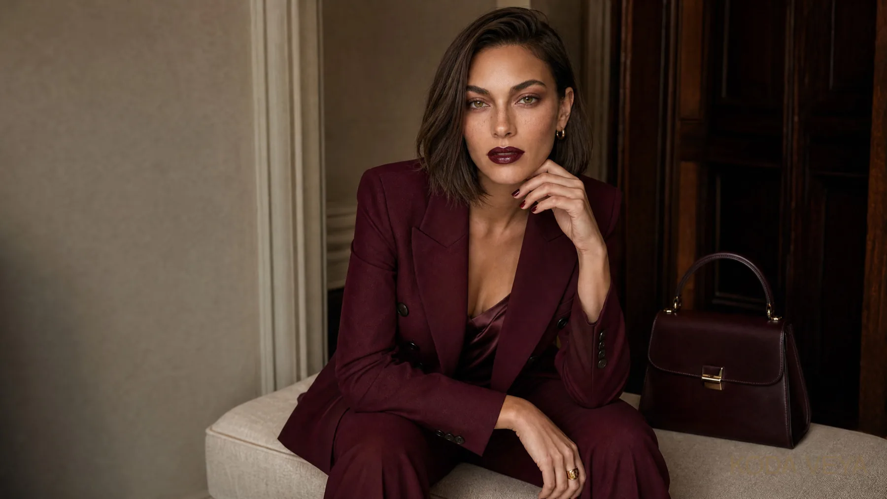 Burgundy outfit idea: Koda Veya in a sculpted burgundy suit with a wine leather top-handle bag