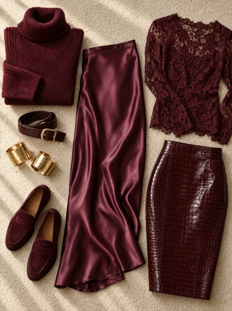 Flat lay of burgundy clothes in different textures: ribbed roll-neck, satin slip skirt, lace top, croc-effect leather pencil skirt, suede loafers, leather belt and gold cuffs