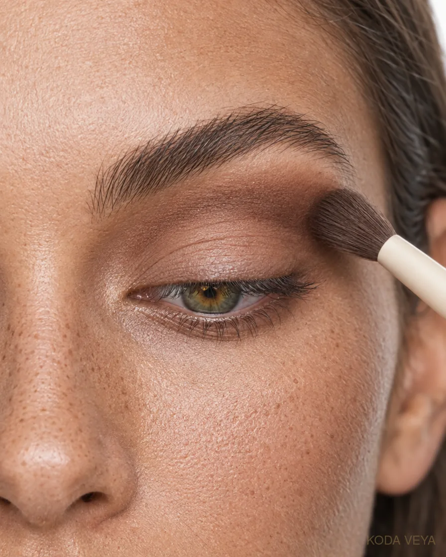 Champagne smoky eye step 1: Blend medium chocolate through the crease to build the structure first