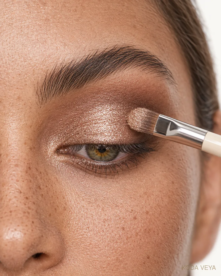 Champagne smoky eye step 2: Press a finely milled champagne across the moving lid only, not the whole eye