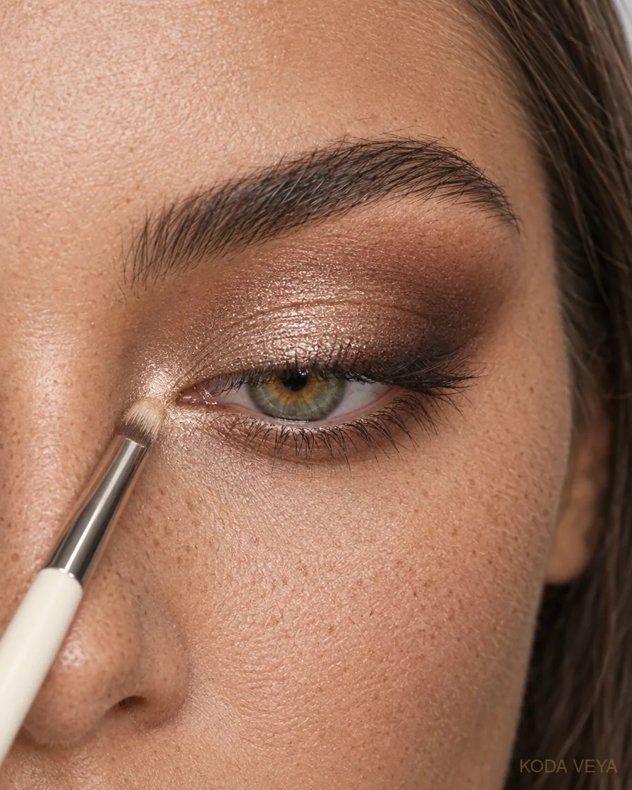 Champagne smoky eye step 3: Add deeper brown at the outer corner and a small point of champagne by the tear duct
