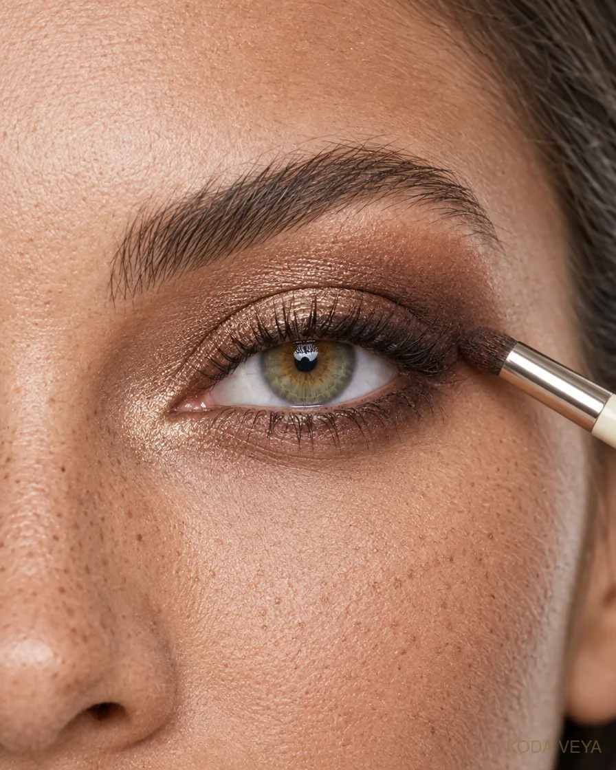 Champagne smoky eye step 4: Smudge dark brown pencil along the upper lashes, keep the lower lash line softer, then mascara
