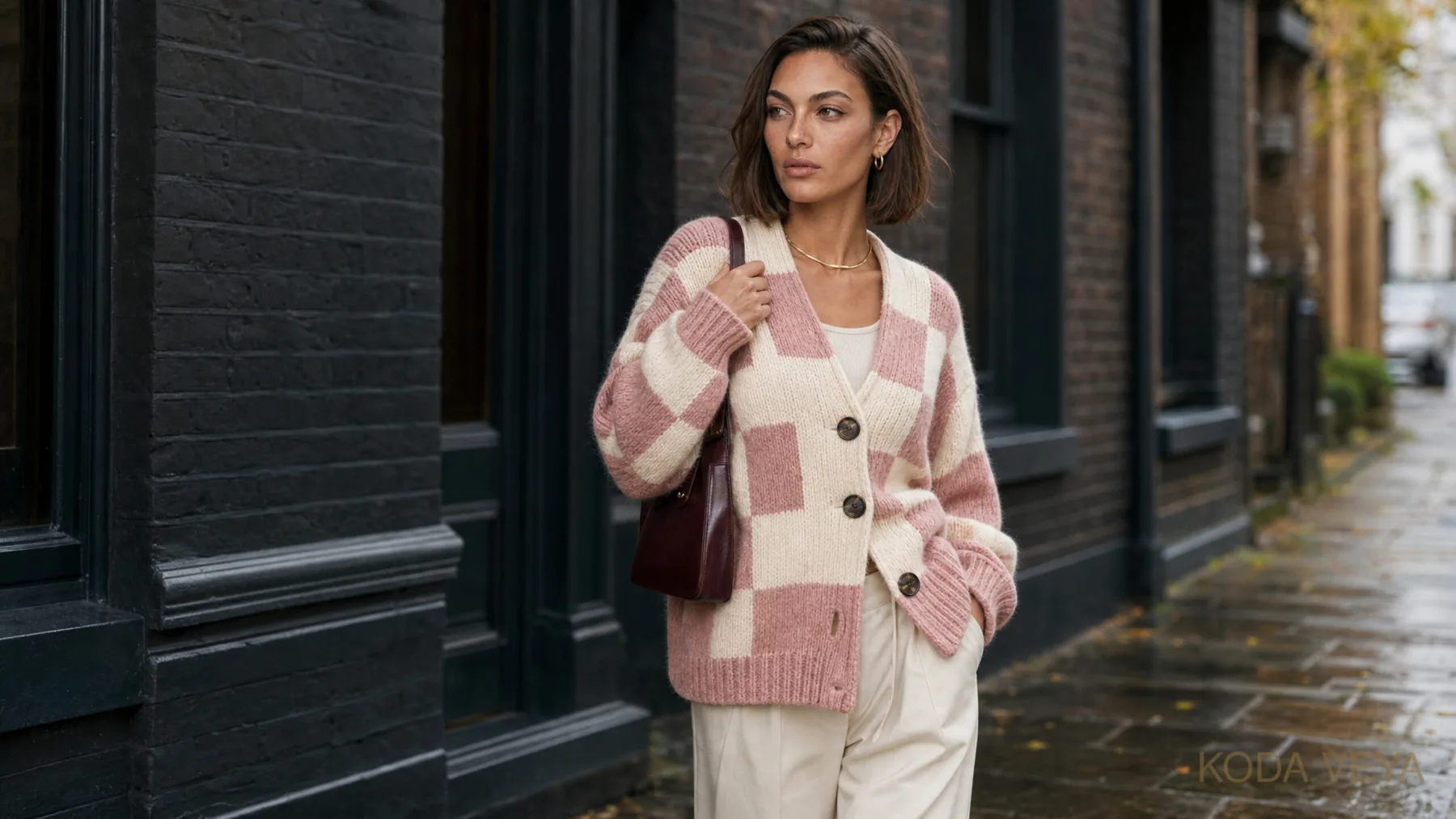 Checked cardigan outfit ideas: Koda in a chunky knitted checked cardigan