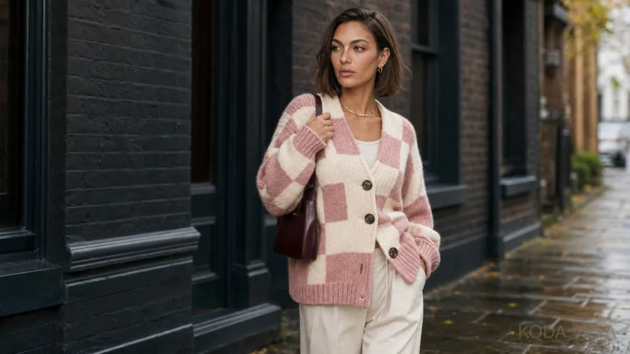 Checked cardigan outfit ideas: Koda in a chunky knitted checked cardigan