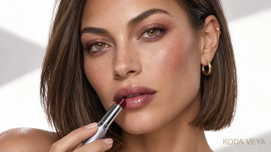 Koda Veya applying Clinique Black Honey Almost Lipstick for a sheer berry lip, with soft rosy blush and gold hoop earrings