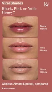 Close-up comparison of Clinique Black Honey, Pink Honey and Nude Honey Almost Lipstick on the same lips, from sheer berry to soft pink to warm nude, with the words Viral Shades: Black, Pink or Nude Honey?