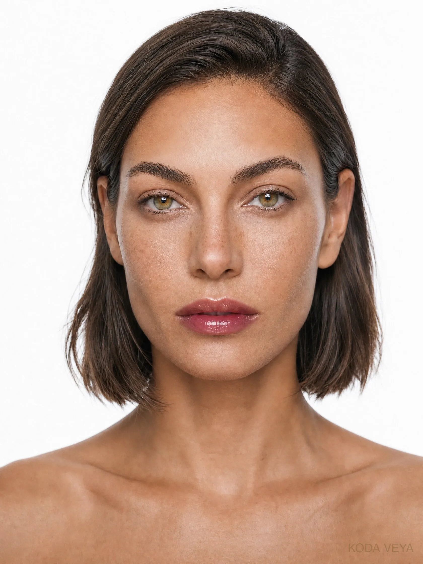 Koda Veya wearing Clinique Black Honey Almost Lipstick, a sheer berry-wine lip, in a front-facing beauty portrait