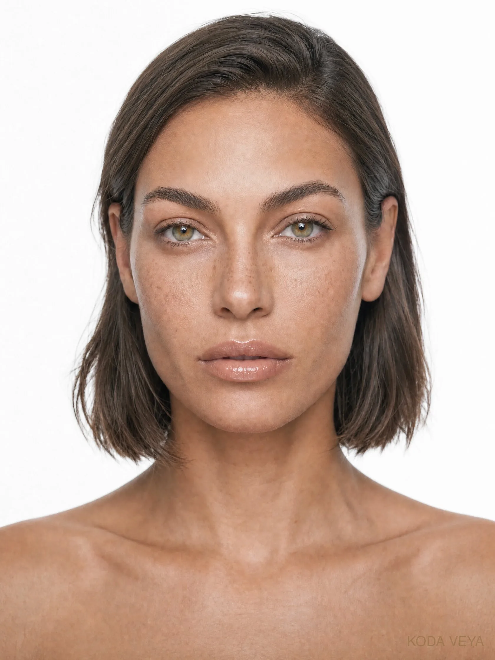 Koda Veya wearing Clinique Nude Honey Almost Lipstick, a warm-neutral sheer nude lip, in a front-facing beauty portrait