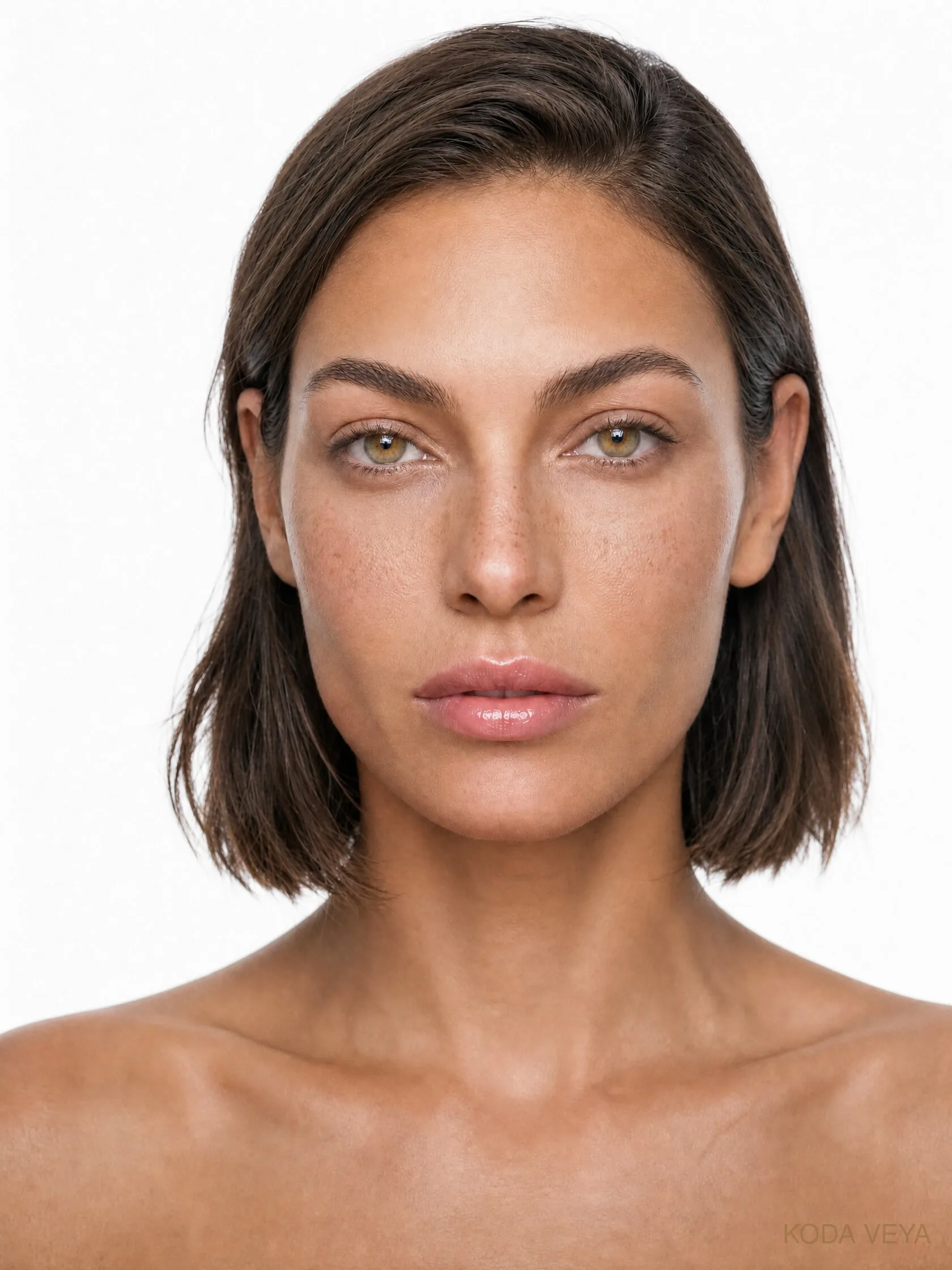 Koda Veya wearing Clinique Pink Honey Almost Lipstick, a soft rosy pink lip, in a front-facing beauty portrait