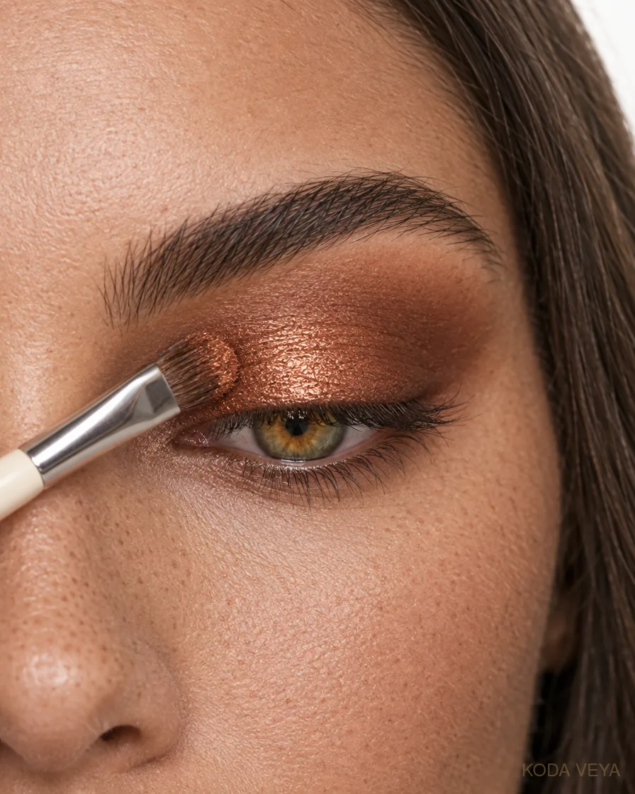 Copper smoky eye step 2: Pat burnished copper across the lid, keeping the brightest point at the centre