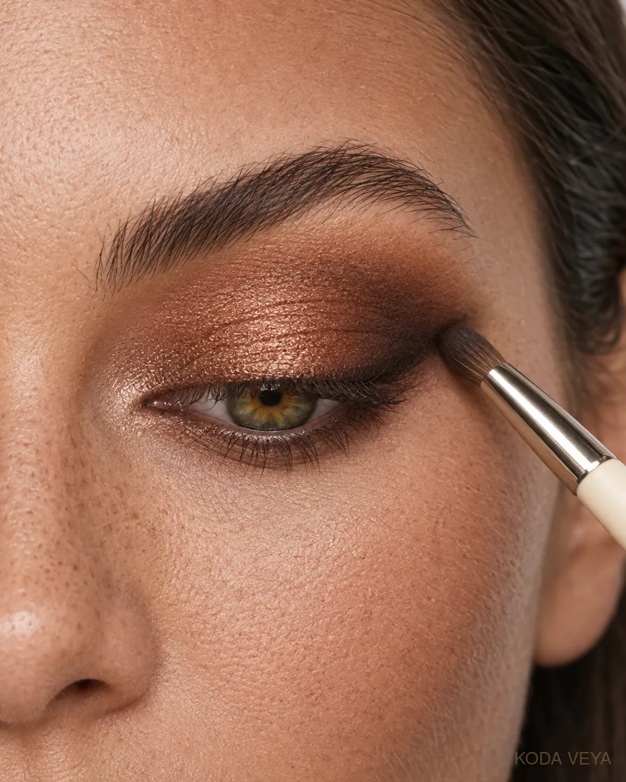 Copper smoky eye step 3: Concentrate espresso at the outer corner, slightly elongated rather than round