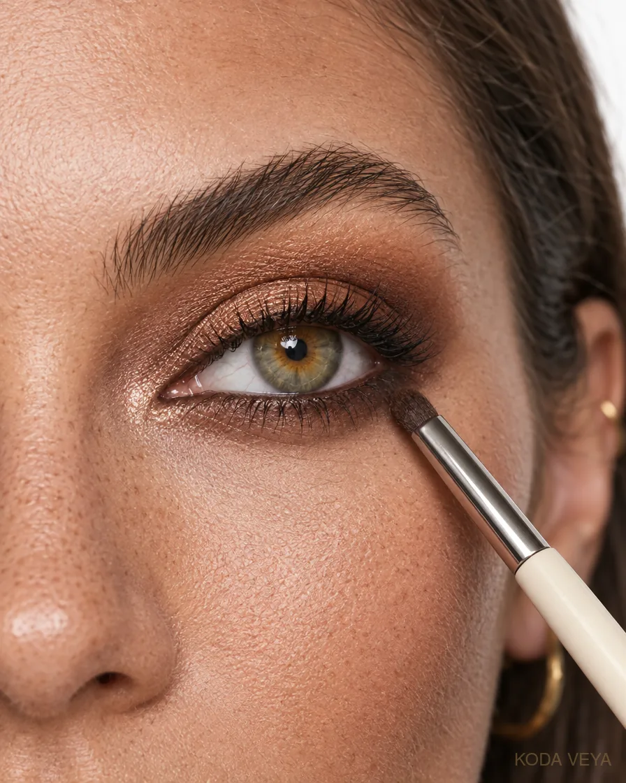 Copper smoky eye step 4: Smudge chocolate pencil along the upper lashes and lightly under the outer lower lashes, then mascara