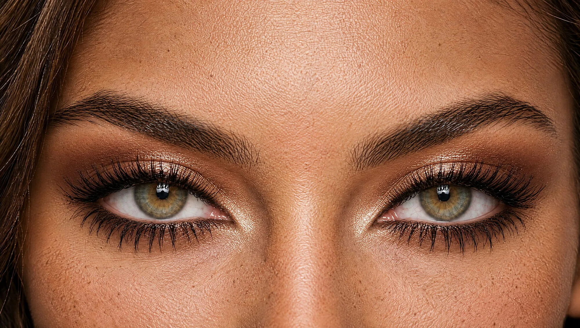 Doe eye makeup on hazel-green eyes: no wing, rounded soft brown shadow, a champagne shimmer in the centre of the lid and mascara on the centre lashes