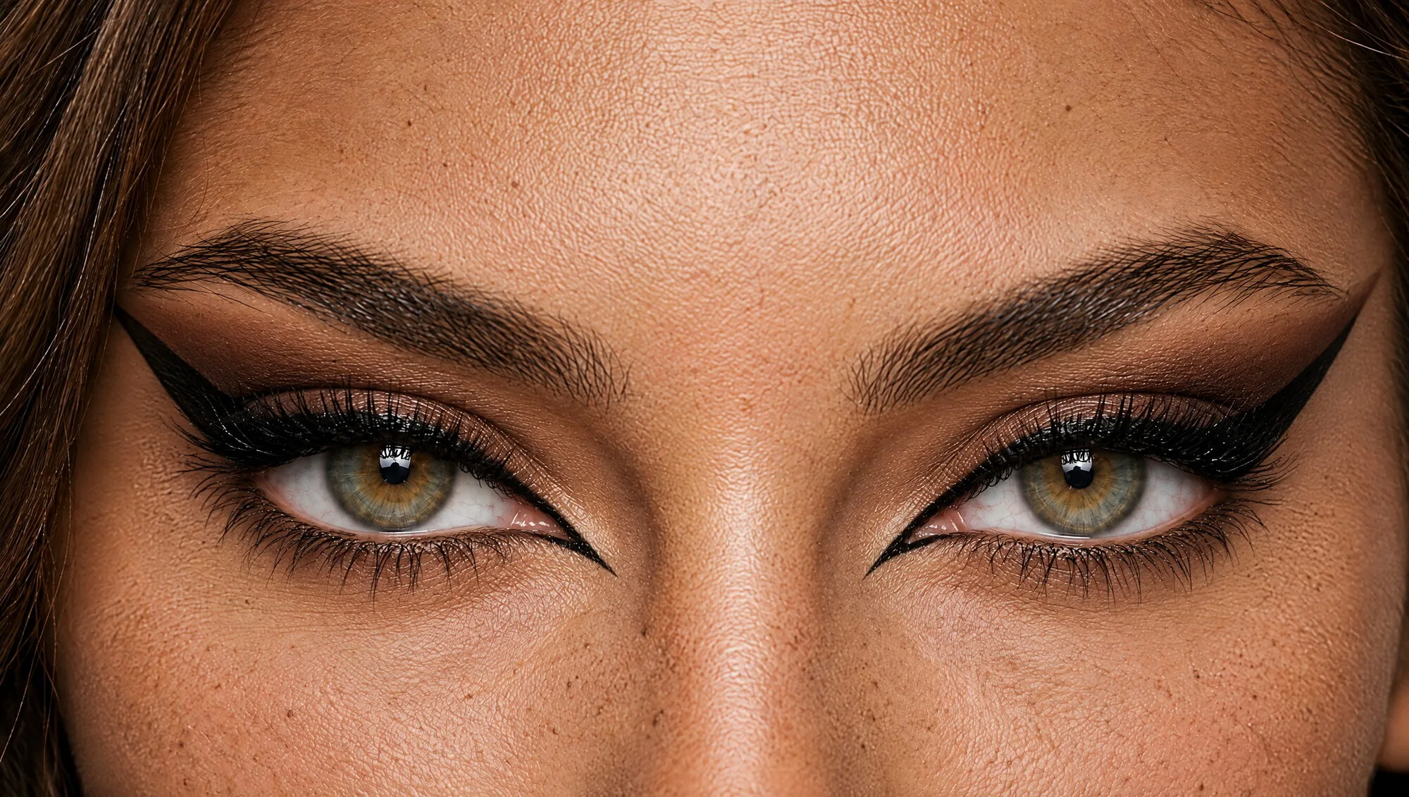 Fox eye makeup on hazel-green eyes: a sharp black wing flicked steeply up towards the brow tail, brown shadow swept upward and a fine inner-corner line