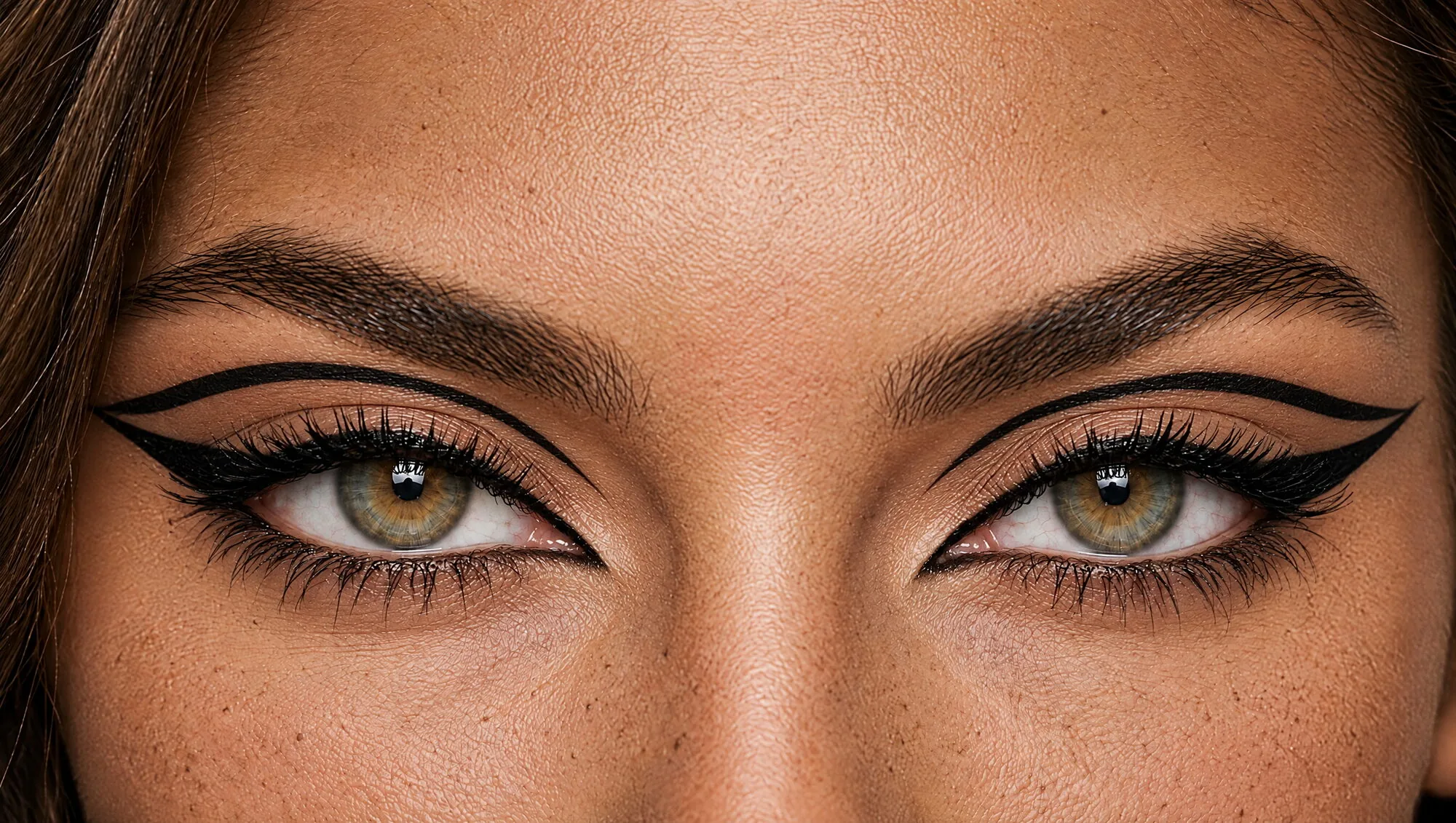 Graphic floating crease eyeliner on hazel-green eyes: a thin black line drawn above the crease with a bare lid and a small classic wing