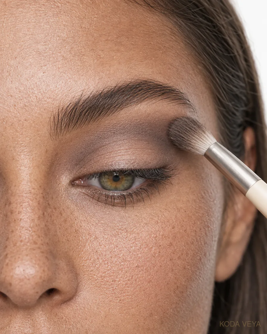 Gunmetal smoky eye step 1: Blend a soft grey-taupe through the crease so the cooler shades have a base to melt into