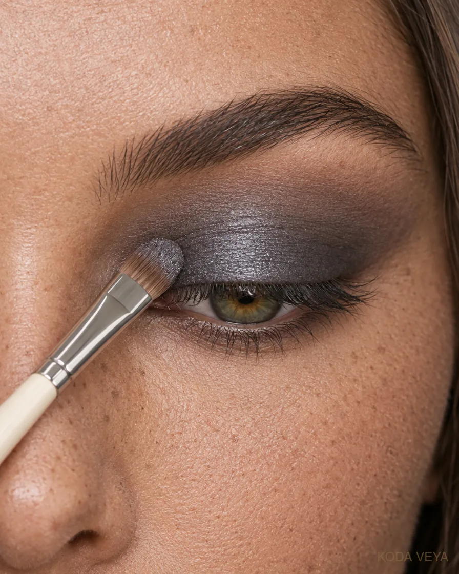 Gunmetal smoky eye step 2: Work gunmetal across the lid, keeping the finish satin rather than glittery