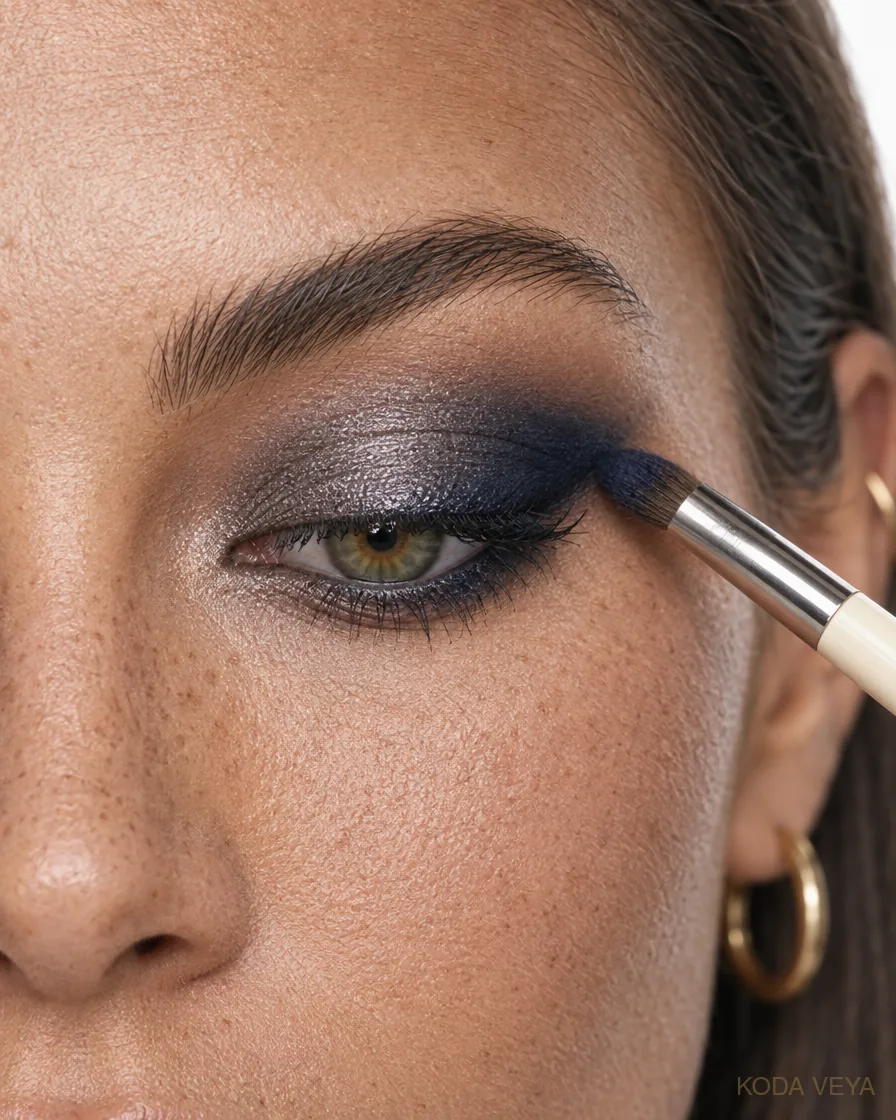 Gunmetal smoky eye step 3: Press deep navy into the outer corner and lash line, blending it into the grey in a slightly longer shape