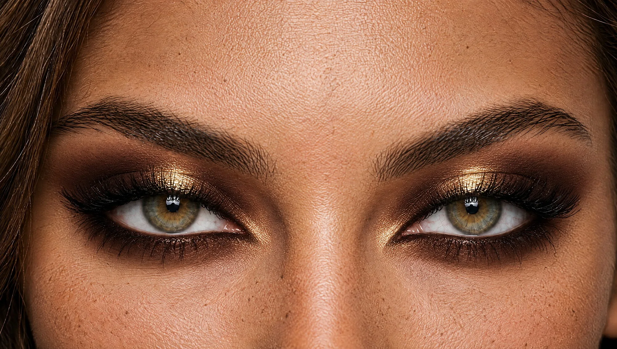 Halo eye makeup on hazel-green eyes: dark brown inner and outer corners with a bright metallic gold shimmer in the centre of the lid