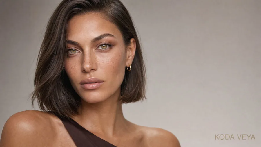 Koda with hazel-green eyes and soft, neutral makeup, the starting point for finding the best makeup for hazel eyes