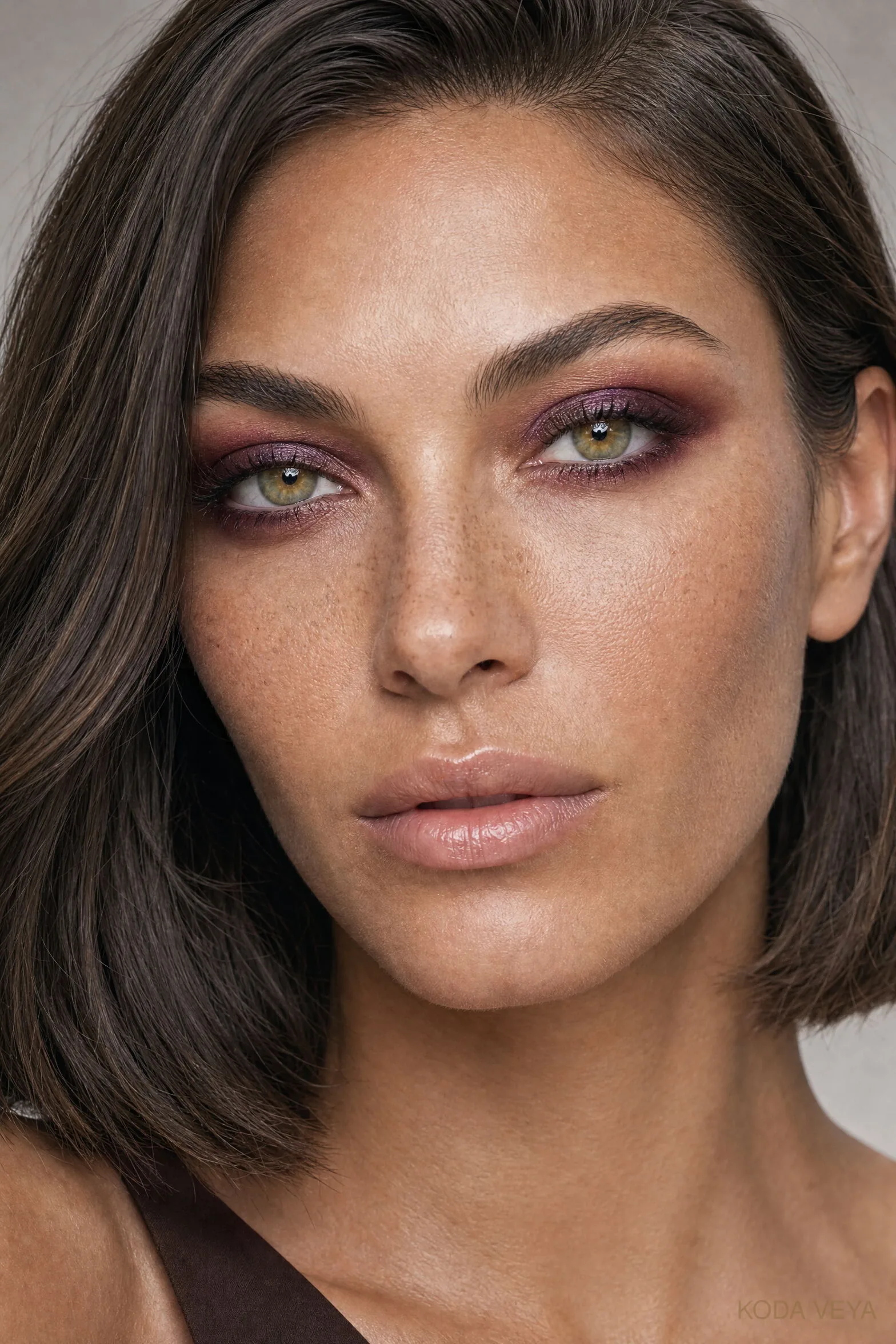 Look 01: plum and burgundy eyeshadow on Koda, pulling the green forward in hazel eyes