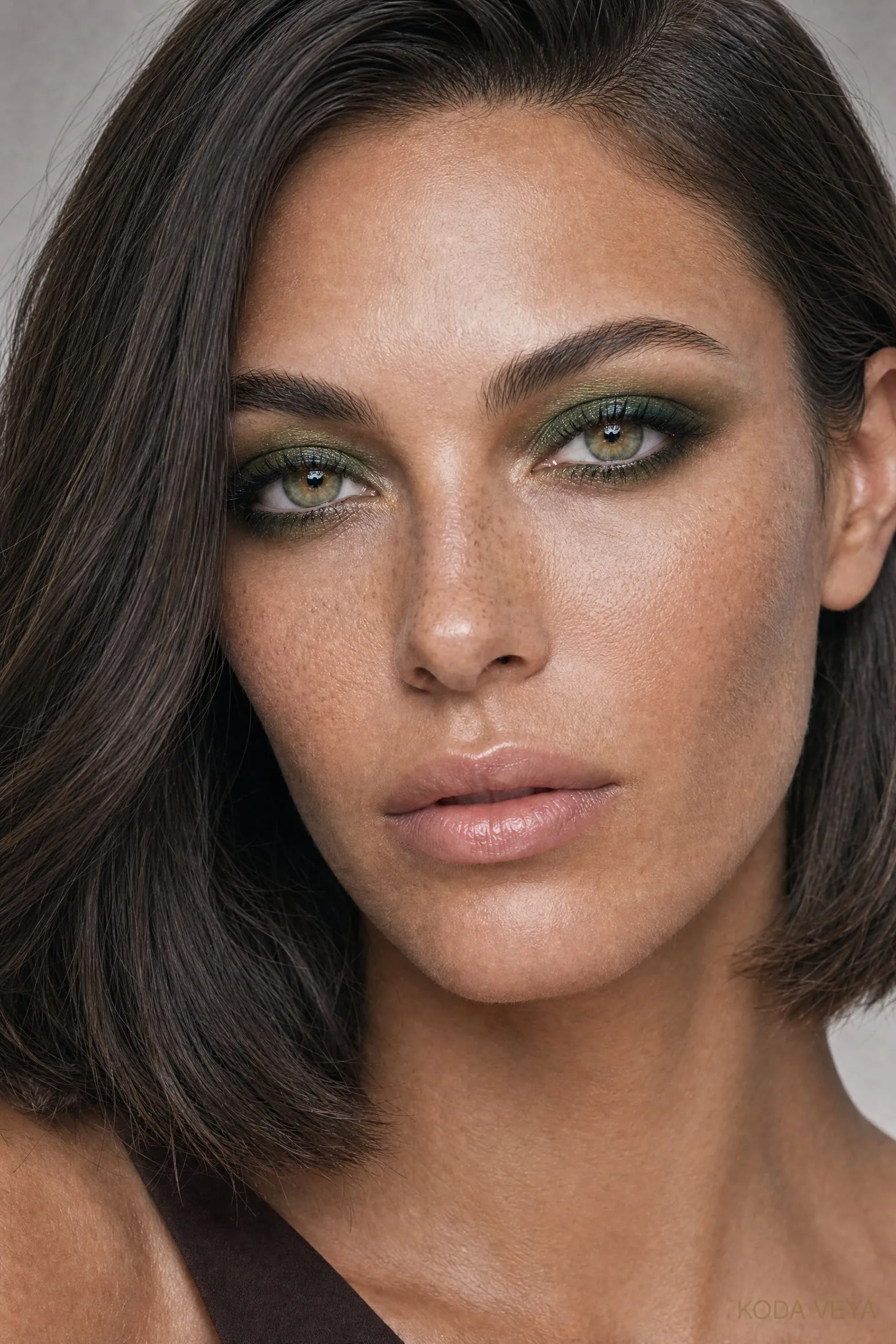 Look 03: olive and emerald eyeshadow smoked around the eye on Koda, deepening the green in hazel eyes