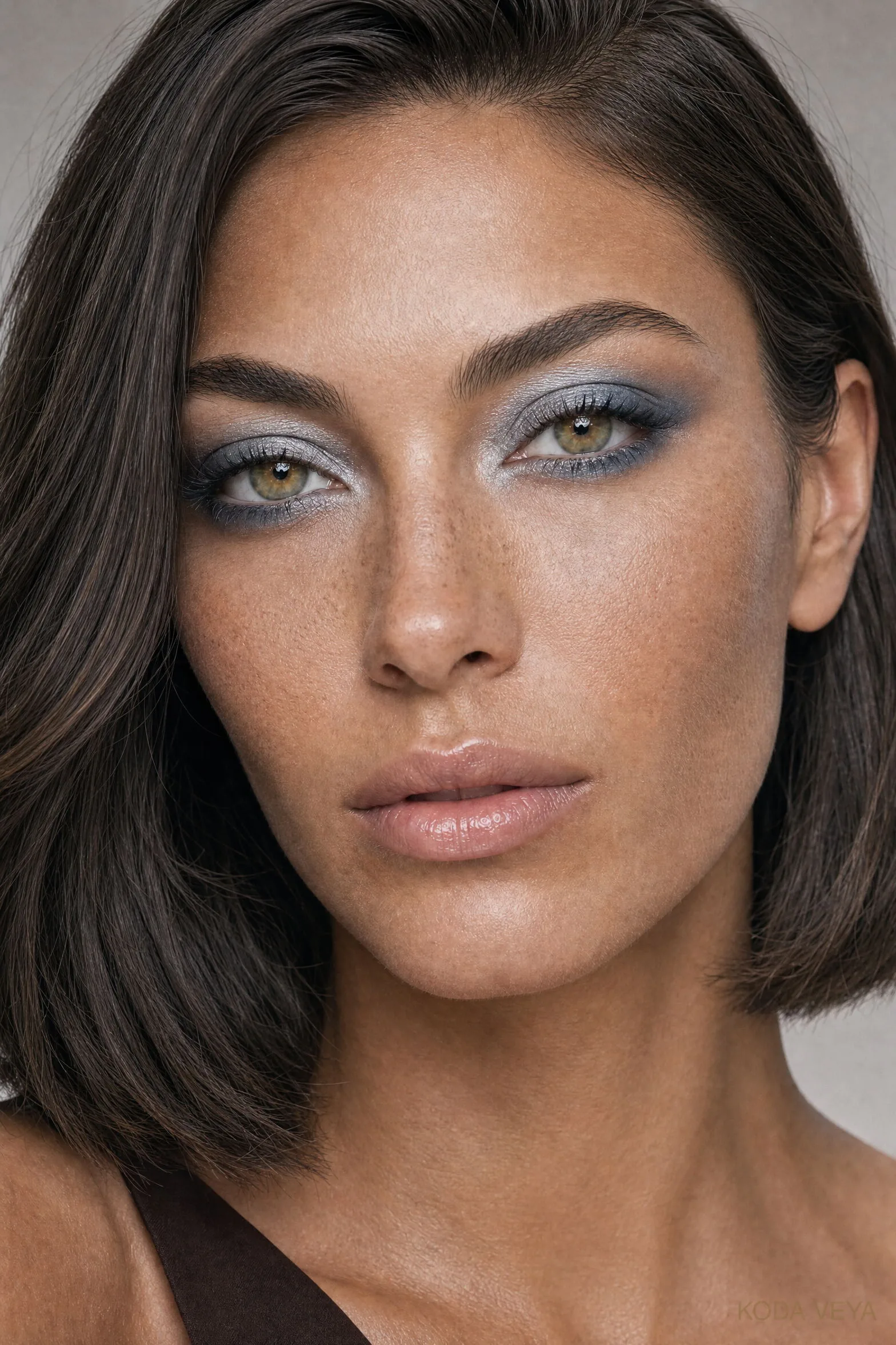 Look 05: frosted silver and cool blue eyeshadow on Koda, an unexpected contrast that sharpens hazel eyes