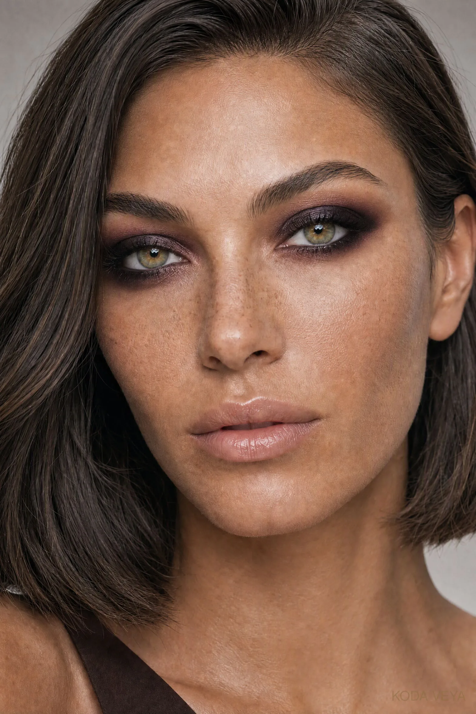 Look 06: smudged black and blackberry eyeshadow on Koda, an evening look that makes hazel eyes look brighter