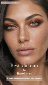 Best makeup for hazel eyes: Koda showing how different eyeshadow colours bring out the green, gold and brown in hazel eyes