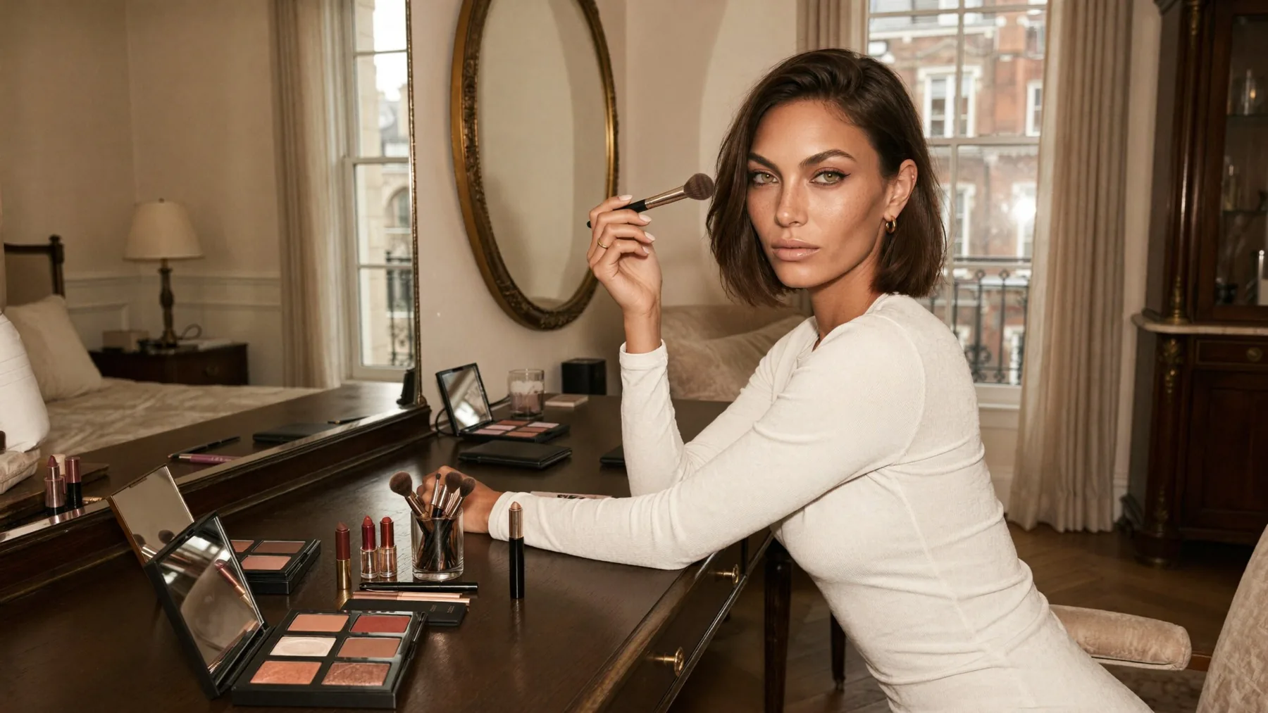 Koda at a long dressing table lined with lipsticks, eyeshadow palettes and brushes, the starting point for six makeup look ideas
