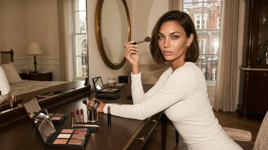 Koda at a long dressing table lined with lipsticks, eyeshadow palettes and brushes, the starting point for six makeup look ideas