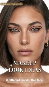 Makeup look ideas: Koda with a sharp graphic eyeliner wing, one of six different makeup moods on one face