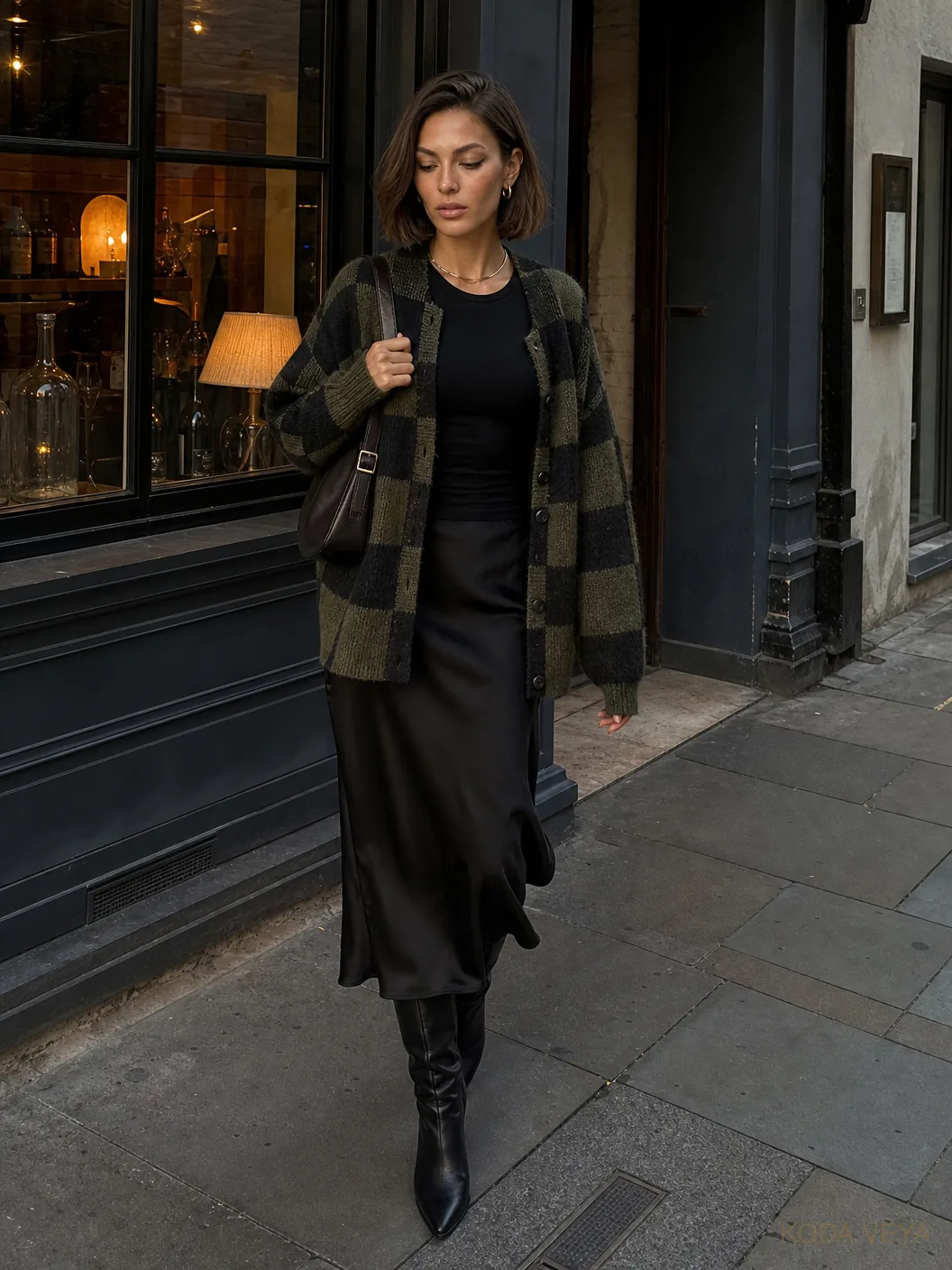 Olive checked cardigan with a satin skirt: Koda in a chunky olive-and-black checked knit, black satin midi skirt and tall leather boots