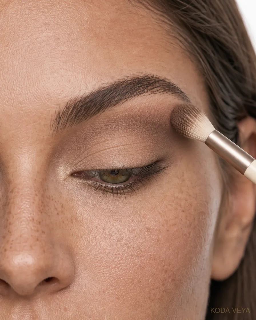 Olive smoky eye step 1: soft beige base on the lid with warm taupe blended into the crease