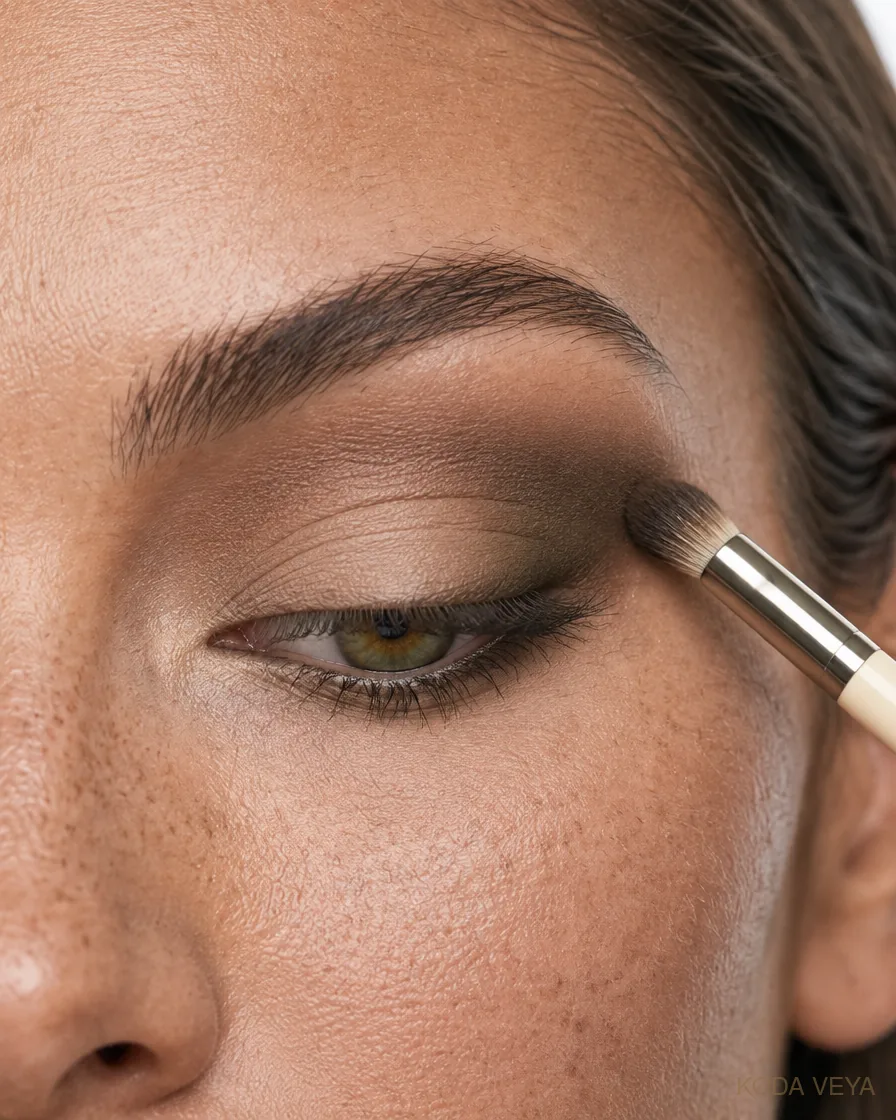 Olive smoky eye step 2: deep khaki pressed into the outer corner and blended through the crease