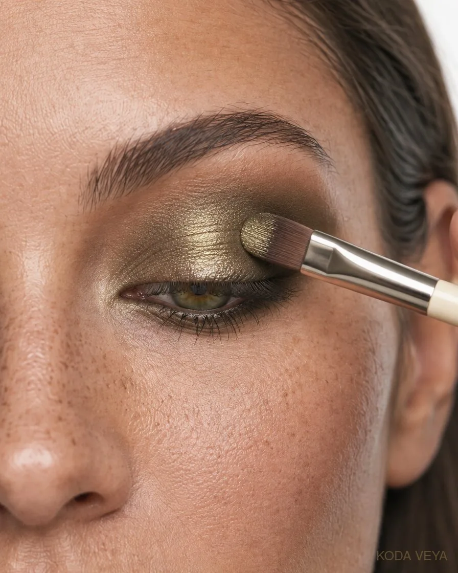 Olive smoky eye step 3: olive-gold shimmer packed onto the centre of the lid