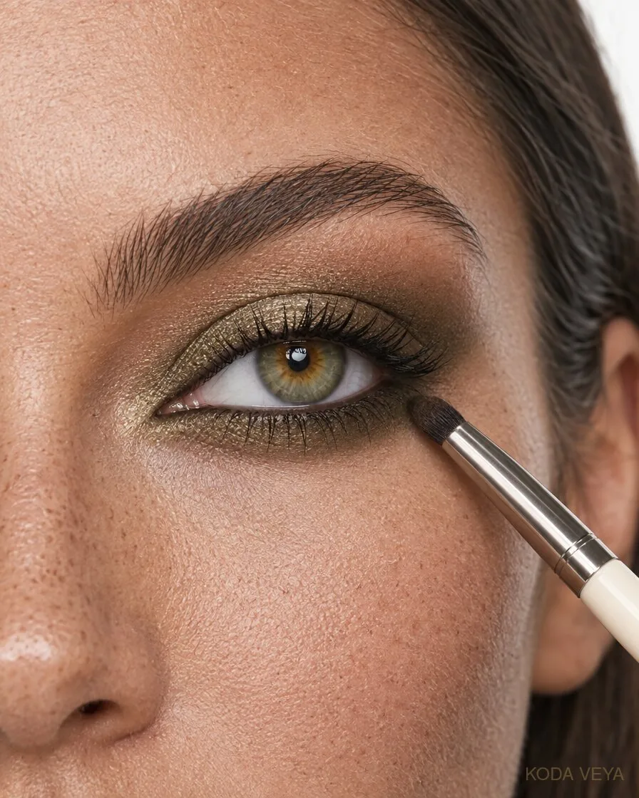 Olive smoky eye step 4: khaki and olive smudged along the lower lash line, waterline lined, mascara on
