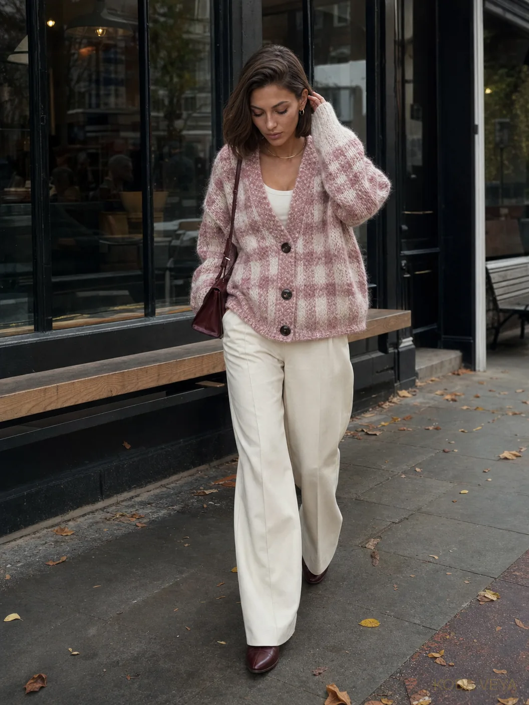 Pink checked cardigan outfit: Koda in a chunky pink-and-cream checked cardigan with wide-leg ivory trousers and burgundy leather shoes
