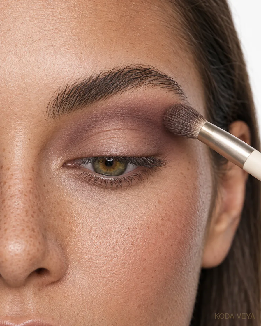 Plum smoky eye step 1: Blend a mauve-taupe through the crease to give the plum a soft edge to sit against
